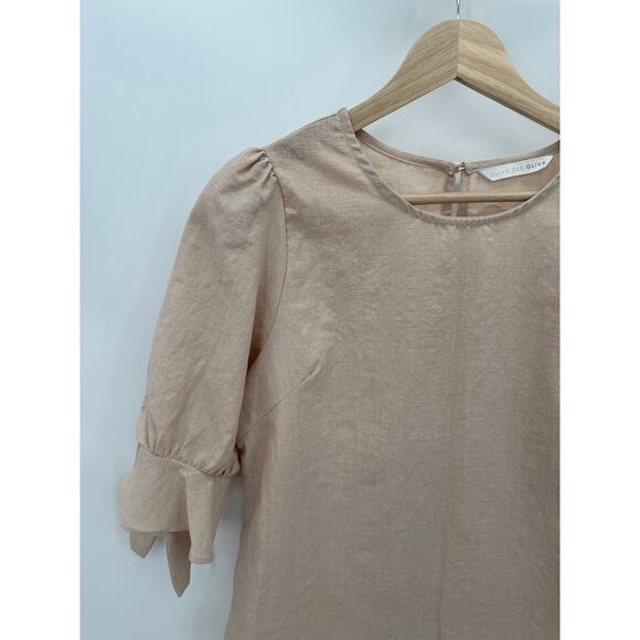 Olive Des Olive Top Women SIZE L Cream Short Sleeve Tie Cuff Keyhole Button Back - Picture 3 of 8